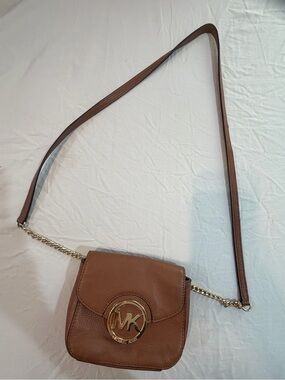 Michael Kors Tan Leather Crossbody with Gold MK Medallion